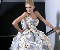 Silver Silk Gown with White Roses Applique