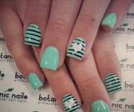 Teal striped heart nails