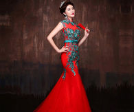 Red Mandarin Dress with Green Embroidery
