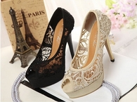 Black and Cream Open Toe Lace Shoes