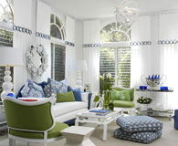 White Living Room with Blue, Green Accents
