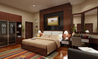 Clean modern bedroom with wood finishings