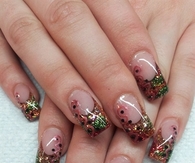 Bronze red and green glitter nail art