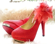 Sparkly Red Pumps with Feather Accent