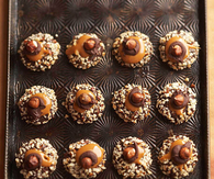 Chocolate, hazelnut and caramel thumbprint cookies