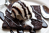Hot fudge brownie with ice cream
