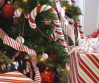 Candy cane and candy cane wrapped gifts