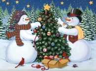 snowmen decorating a christmas tree