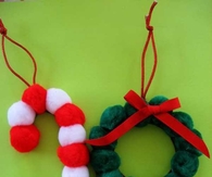 Candy cane and wreath pom pom ornaments