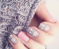 Pink and grey snowflake nail art