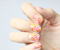 Red orange and yellow stripe pattern nails