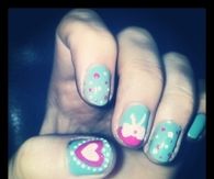 Blue white and pink polka dot nails
