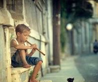 Boy Playing Flute To Cat