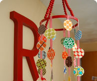 Fabric circle, beads and ribbon mobile