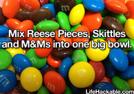 Mix reese pieces, skittles and m&ms