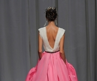 Pink & White Satin Gown with Flowing Skirt 