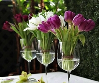 Wine glass flower centerpieces