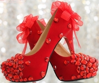Red Pumps with Rhinestone Hearts